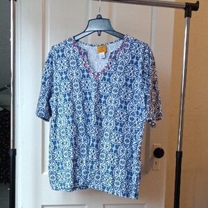 Ruby Rd. Blue and White V-Neck Top